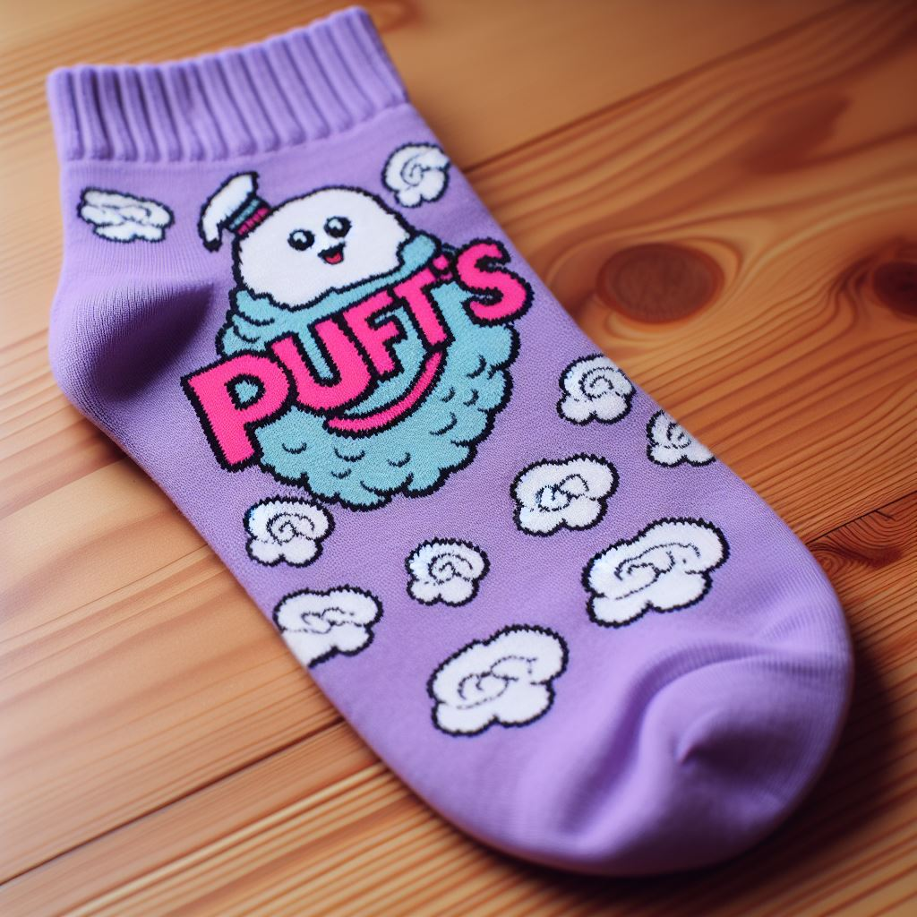 A cute and colorful purple custom socks made by EverLighten for a seller. It is lying on a wooden floor.