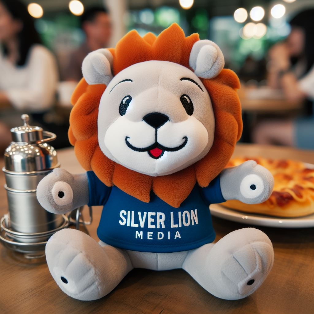 A custom logo plush toy manufactured by EverLighten. It resembles a lion. It is sitting on a table.