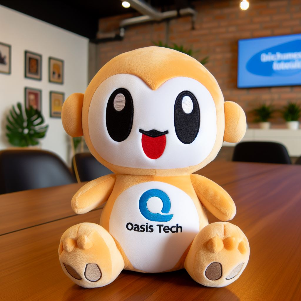 A custom logo plush toy manufactured by EverLighten sitting on a table.