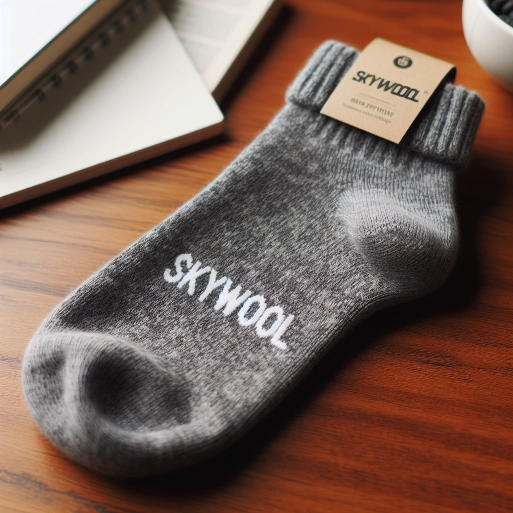 An ankle-length custom sock with a logo. It is on a table.
