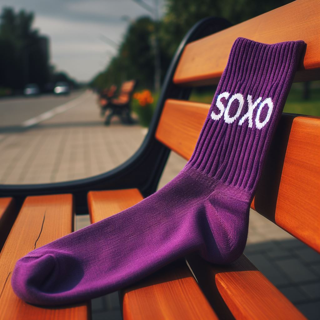 An over-the-calf custom logo sock made by EverLighten is on a park bench.