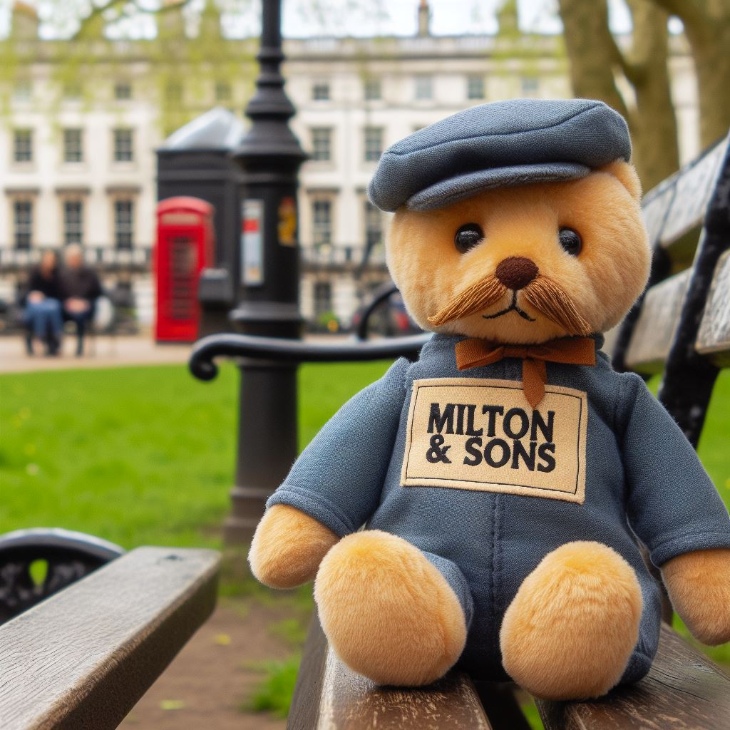 A custom plush toy bear with a mustache. It has the company's logo on its thick shirt. It is sitting on a park bench.