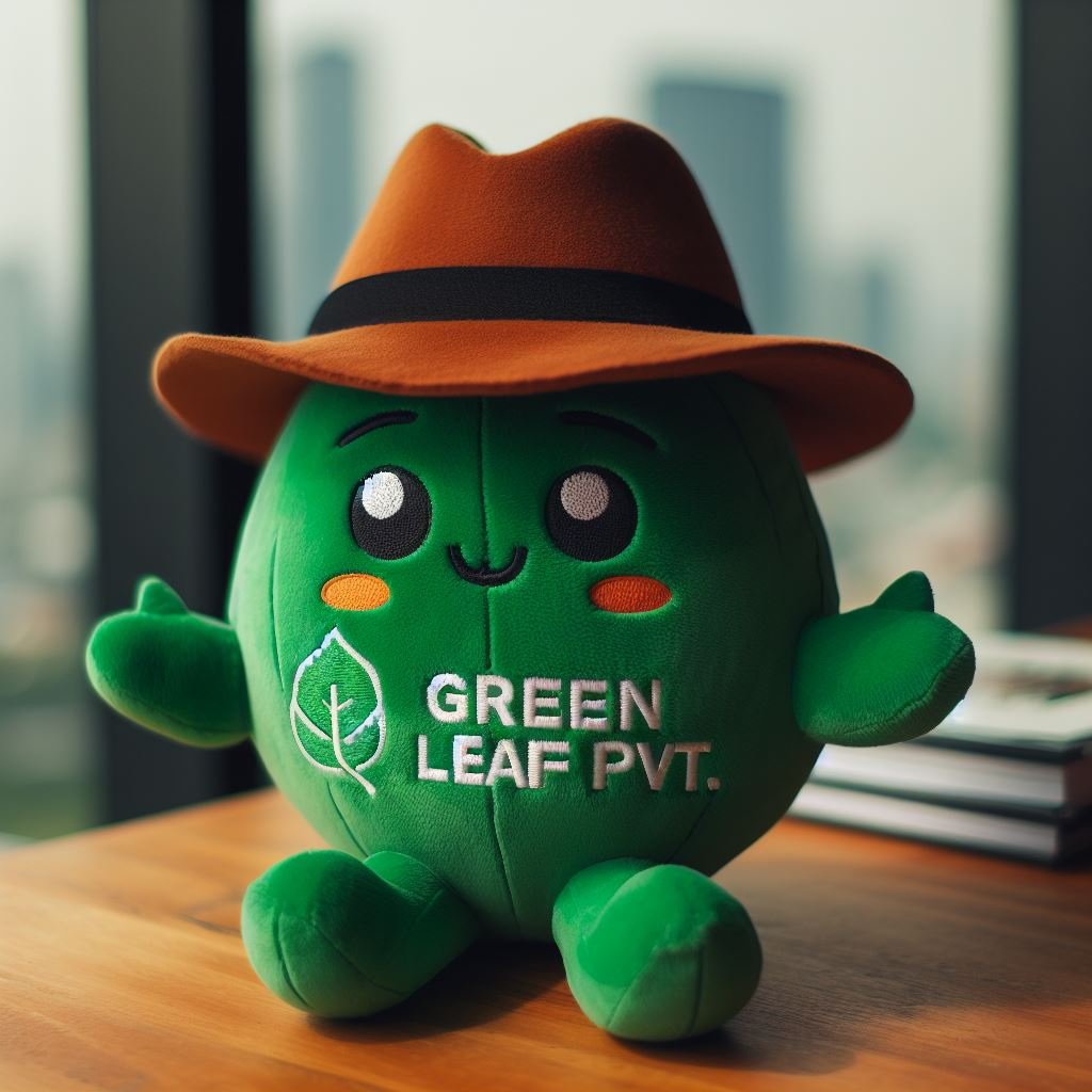 A custom logo plushie resembling a leaf. It is green and is manufactured by EverLighten.