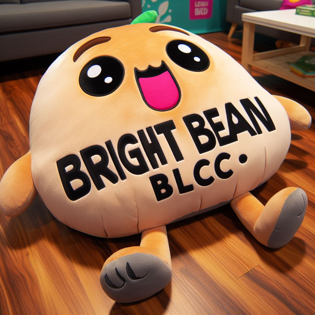 A custom plushie with the company's logo. It is made by EverLighten and is lying on the floor.