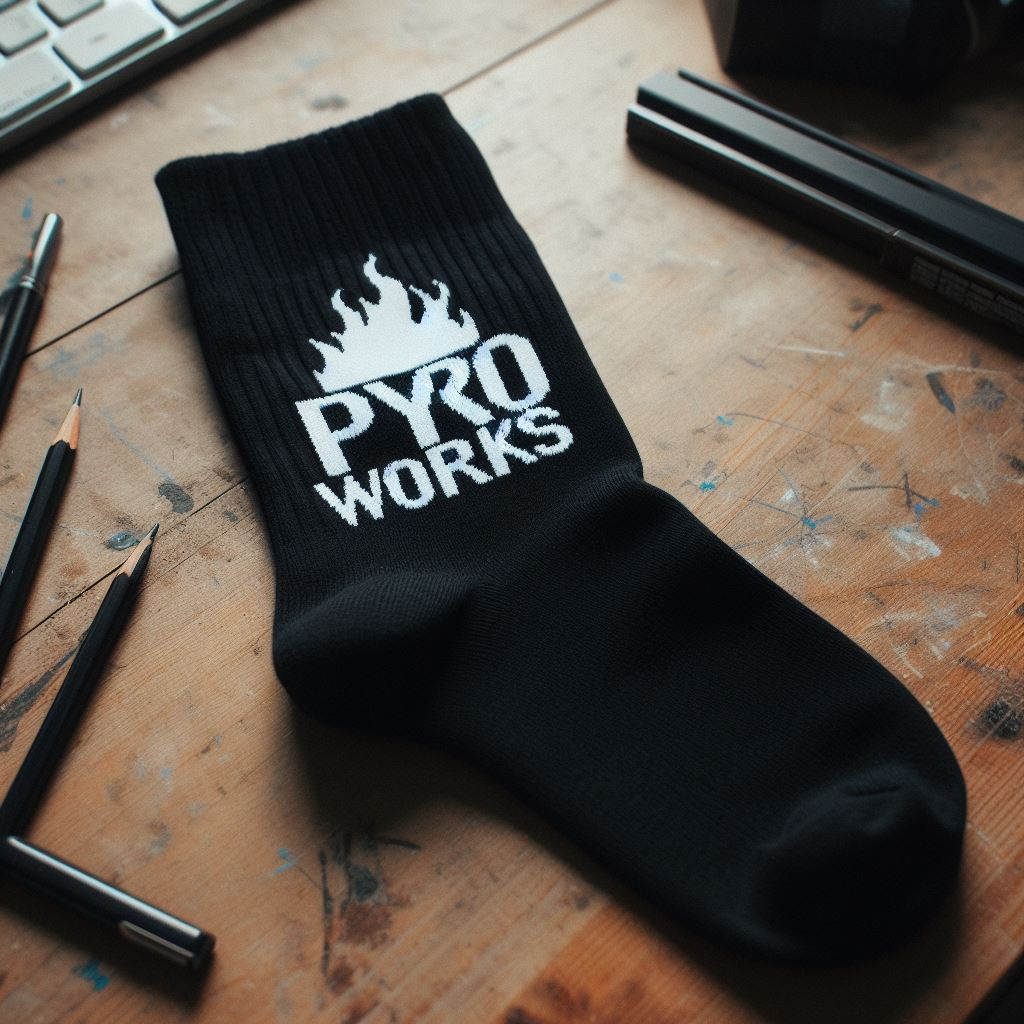 A black customized sock by EverLighten. It has the company's logo and is lying on a table.