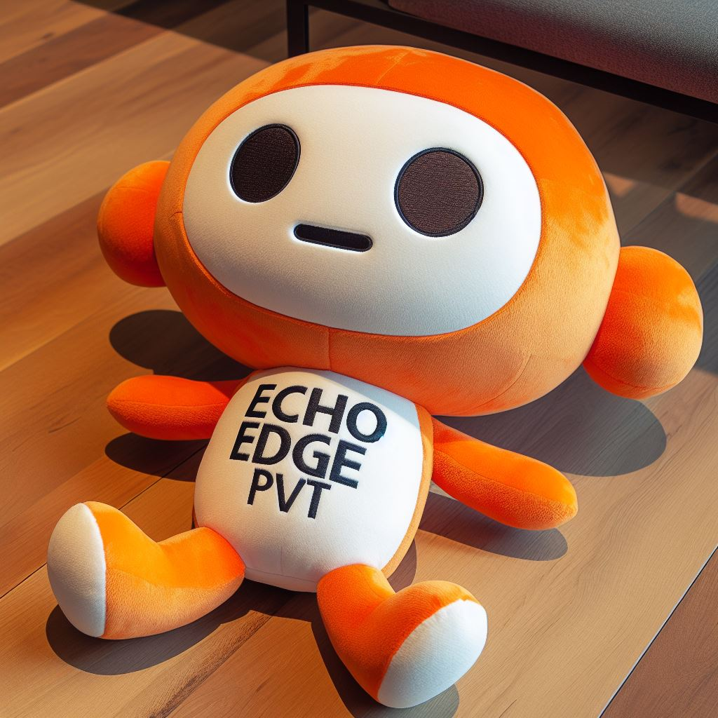 A futuristic-looking custom plush toy with the company's logo lying on the floor. It is customized by EverLighten.