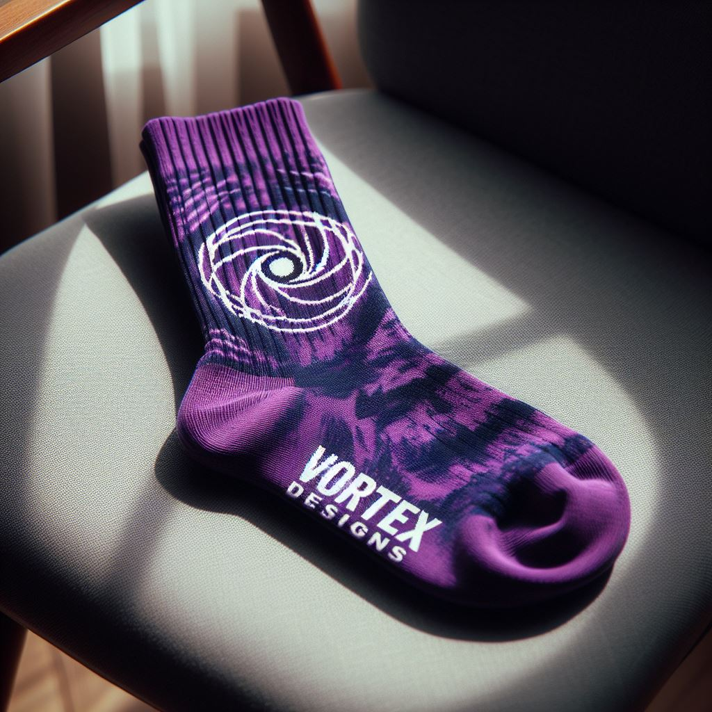 A purple custom sock with the logo in black by EverLighten. It is lying on a chair.