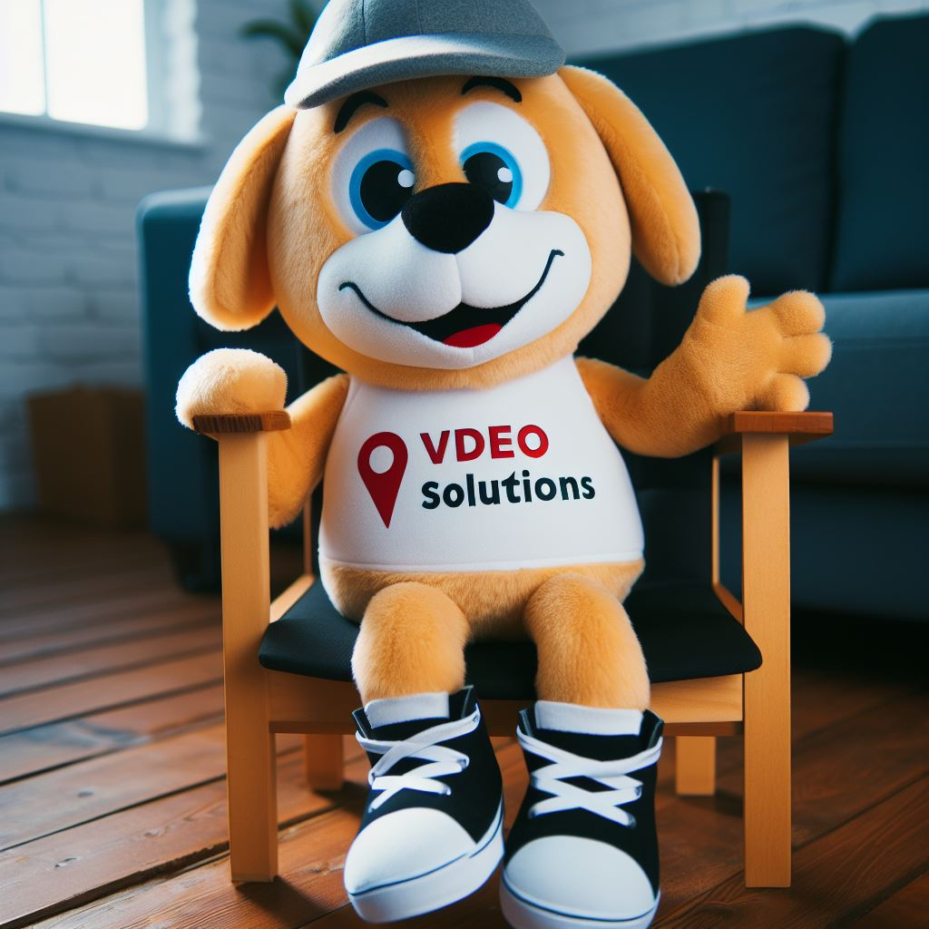 A custom stuffed animal with the company's logo. It resembles a dog. It is sitting on a chair and is manufactured by EverLighten.