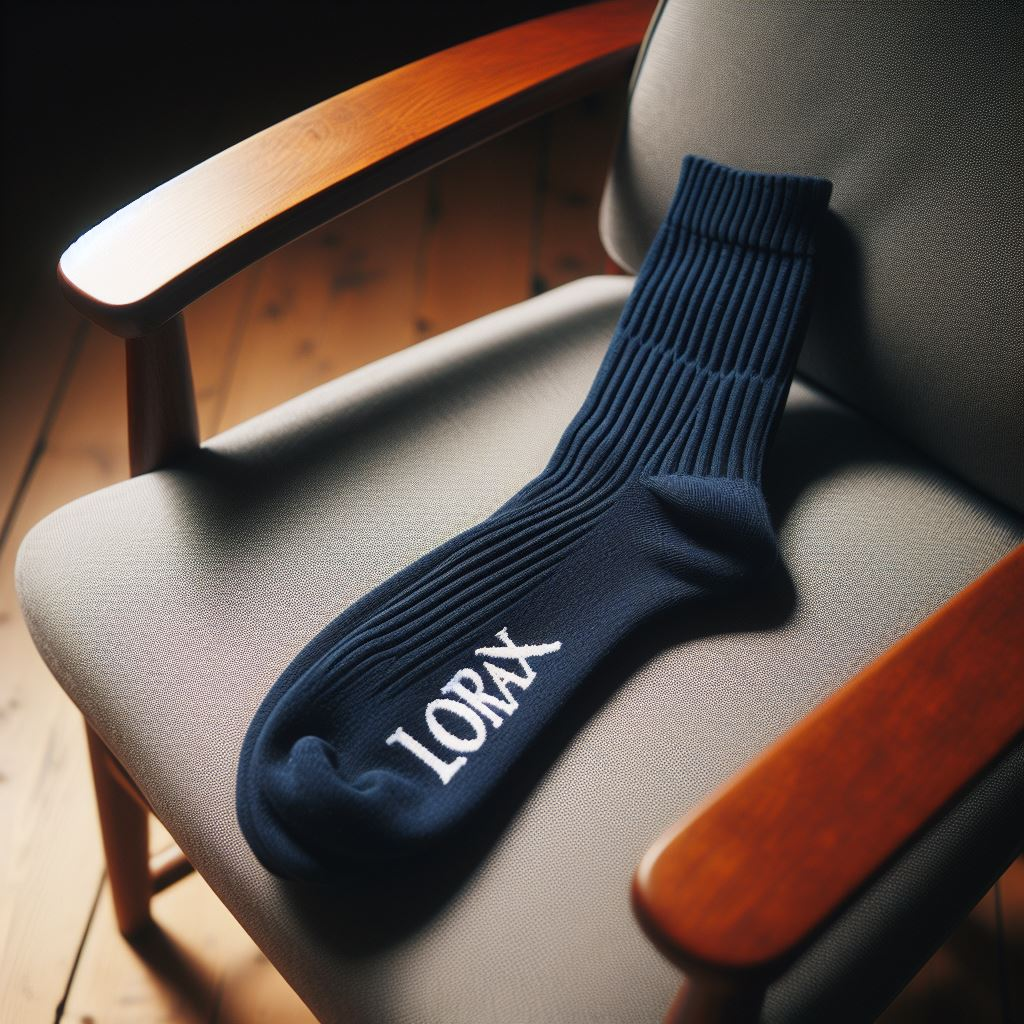 An over-the-calf custom logo sock in black on a chair. It is customized by EverLighten.