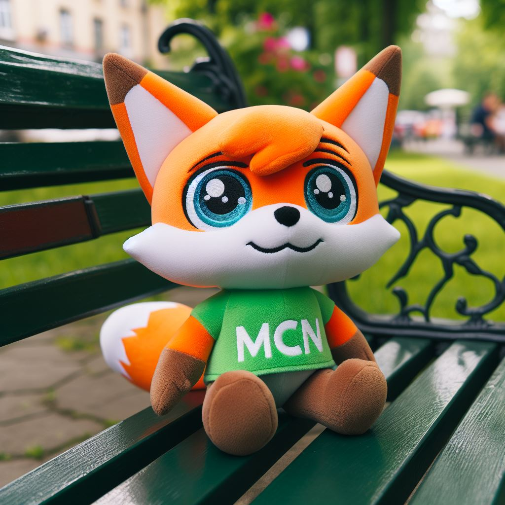 A cute orange fox-like custom plush toy with the company's logo on its green t-shirt. It is manufactured by EverLighten.