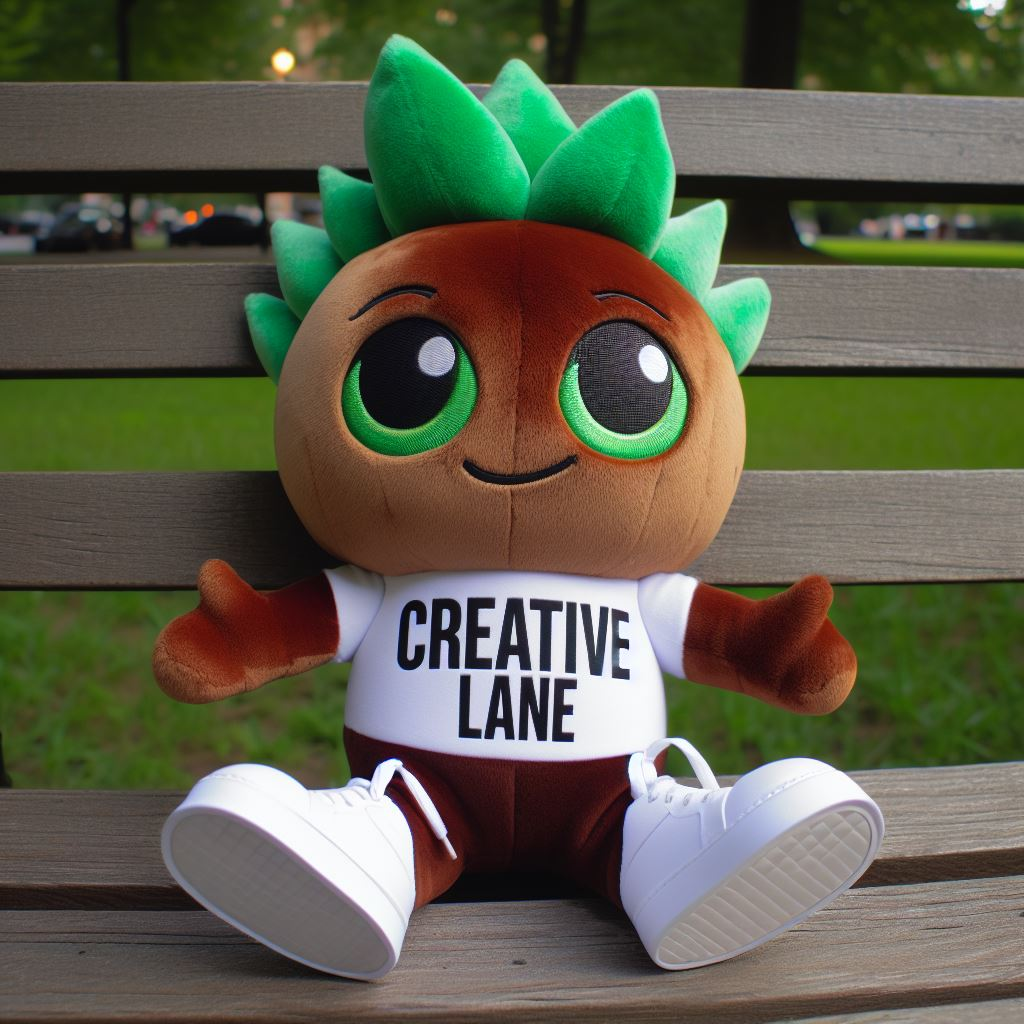 A custom plush toy with the company's logo sitting on a park bench. It is manufactured by EverLighten.