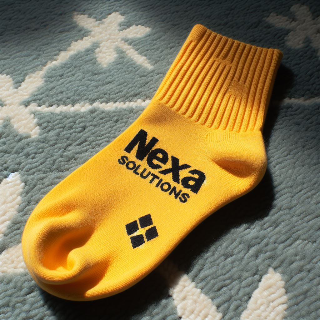 A yellow custom sock with the company's logo. It is customized by EverLighten and is lying on a carpet.