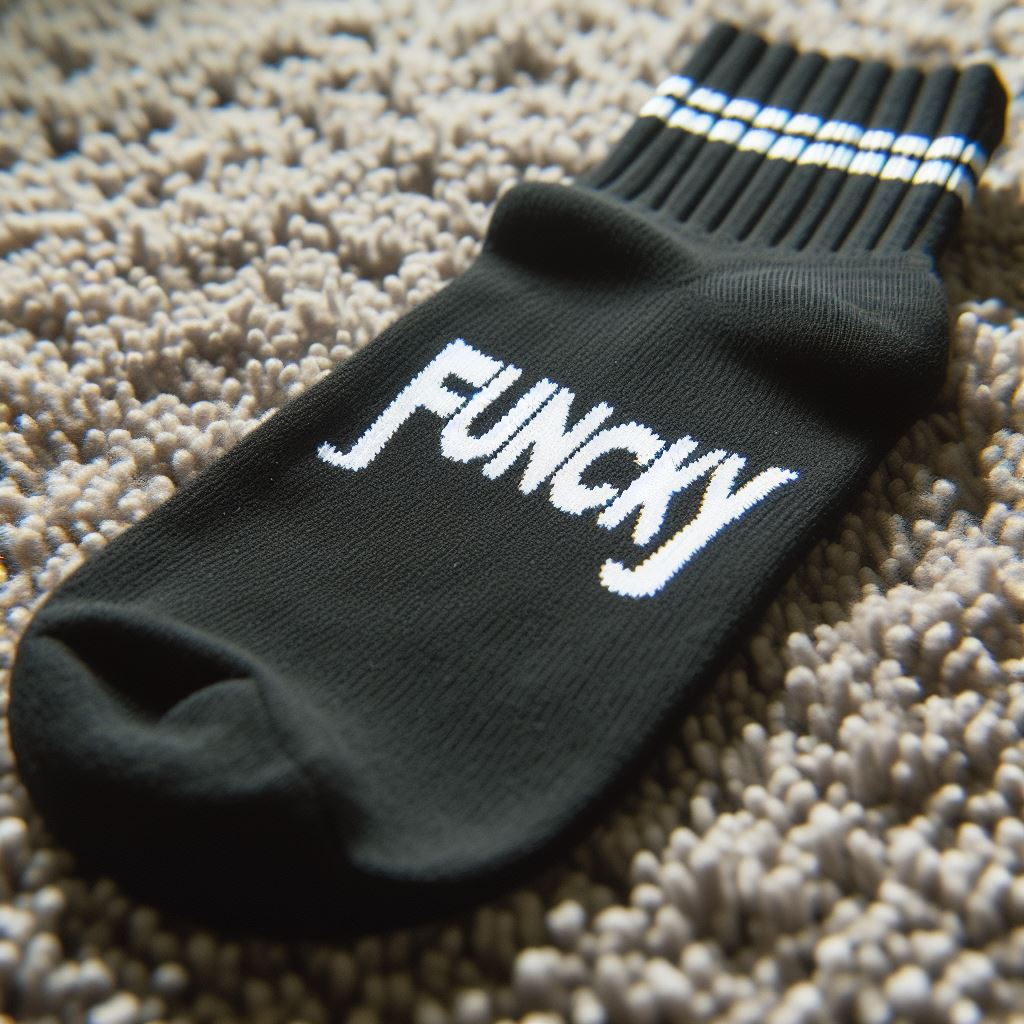 An ankle-length custom logo sock is lying on a rug. It is customized by EverLighten.