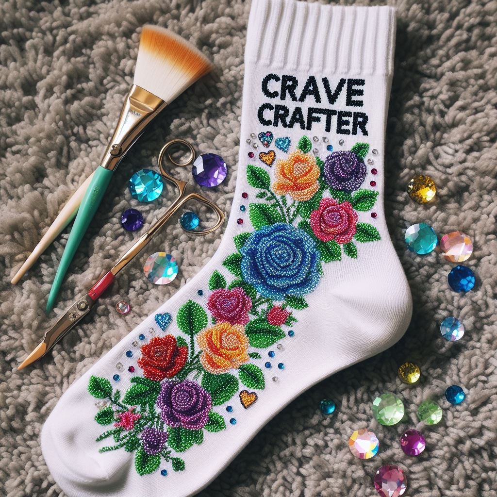 A custom sock manufactured by EverLighten with the Rhinestone Transfer method.