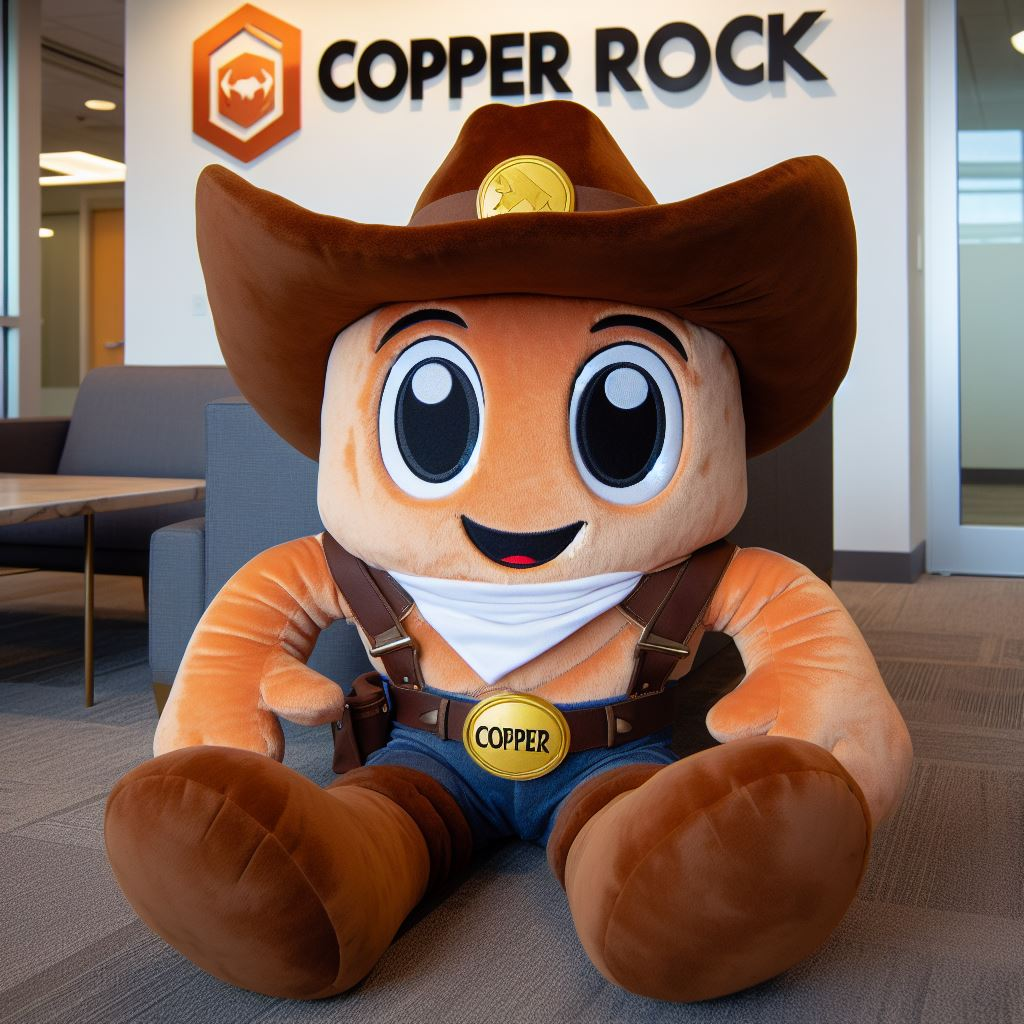 A custom logo stuffed toy resembling a cowboy. It is sitting on a table and is manufactured by EverLighten.