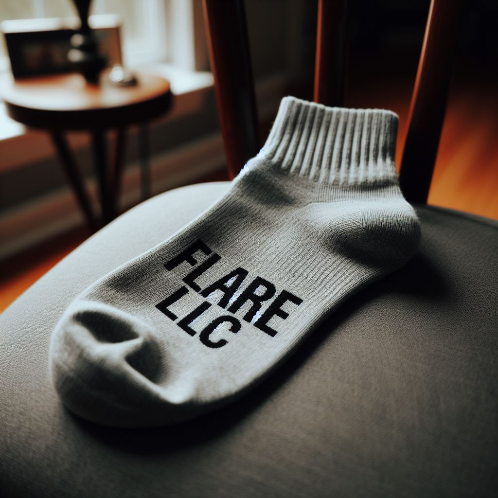 A light gray custom sock made by EverLighten with the company's logo is lying on a chair.