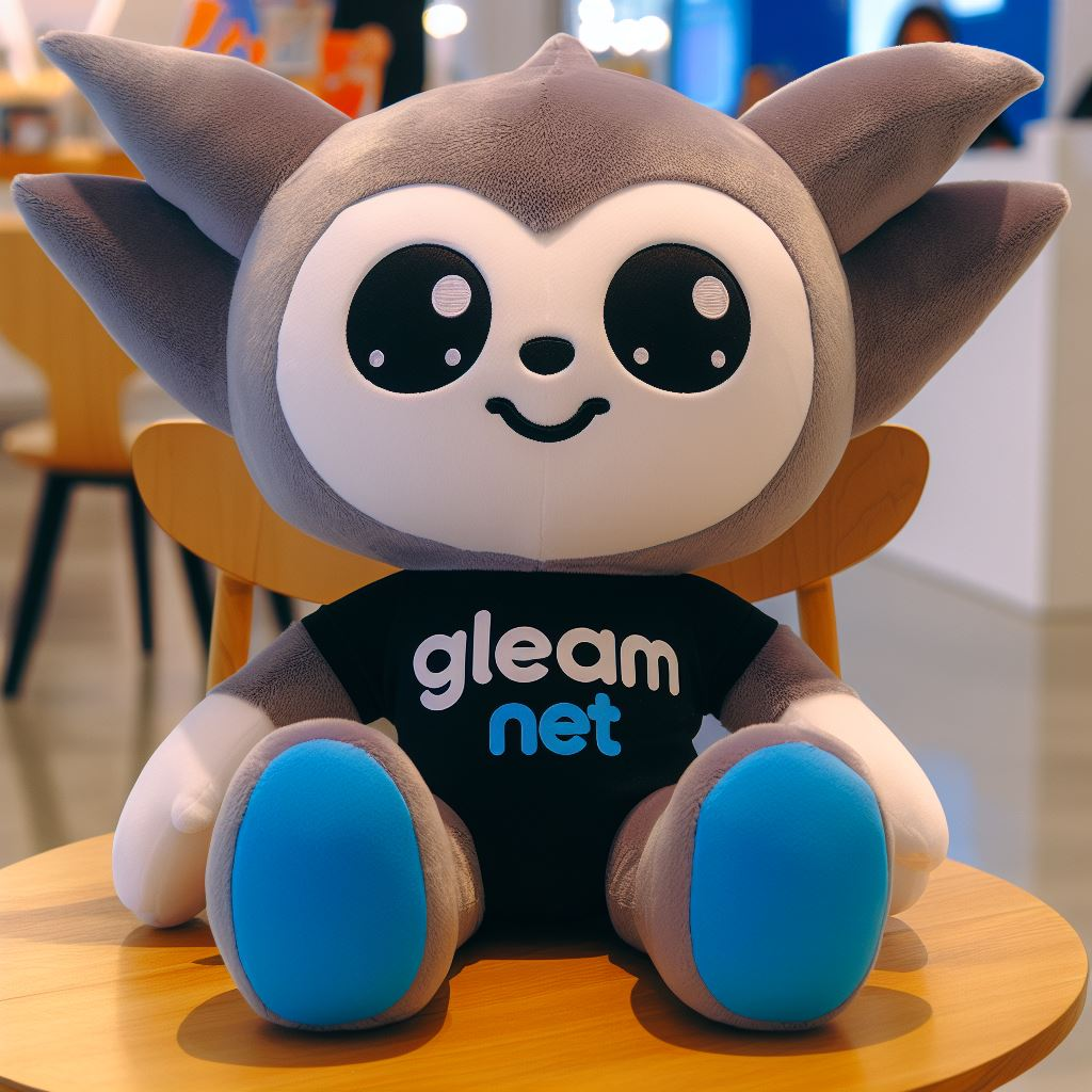 A gray custom stuffed mascot sitting on a chair. The company's logo is on its chest and it is manufactured by EverLighten.
