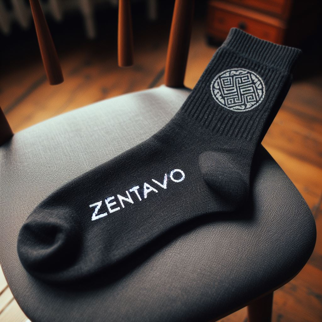 A black sock personalized by EverLighten with the company's logo. It is lying on a chair. 