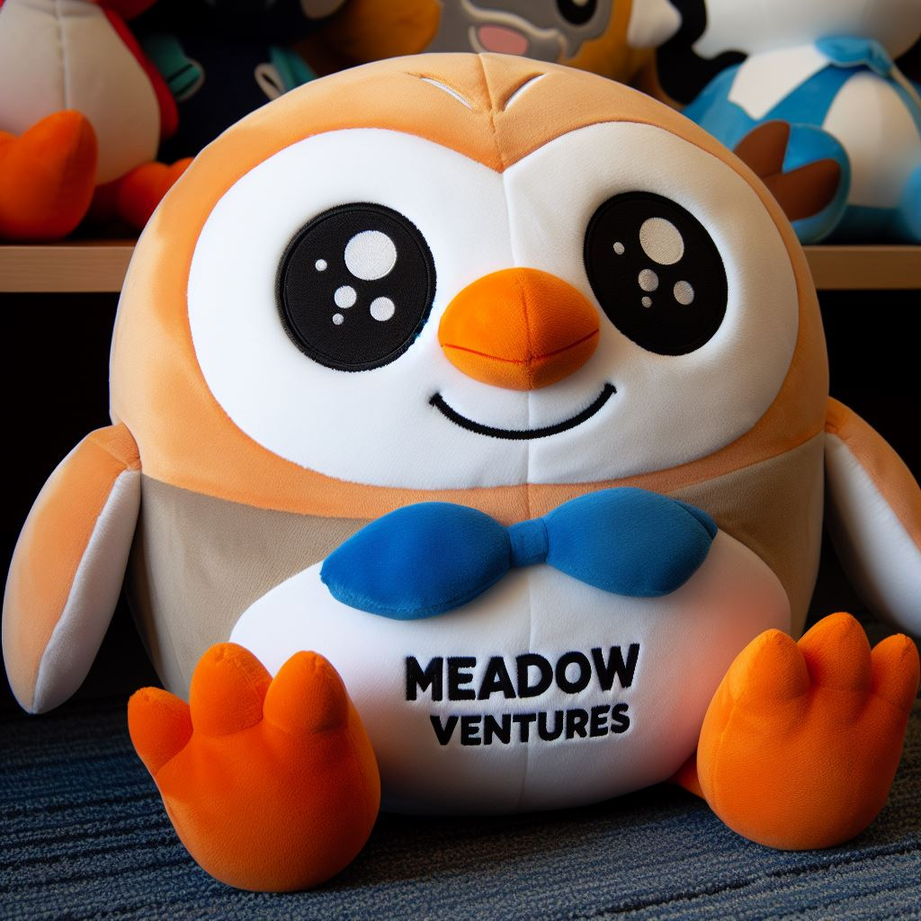 An exclusive custom plush mascot donning a corporate emblem, perched on a table, courtesy of EverLighten.