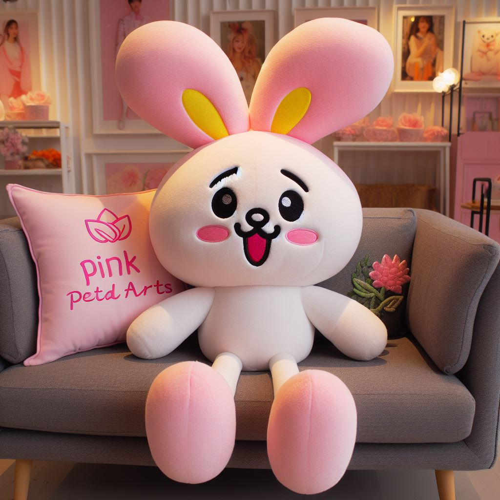 A cute pink bunny custom stuffed animal for a company. It is customized by EverLighten and is sitting on a sofa.