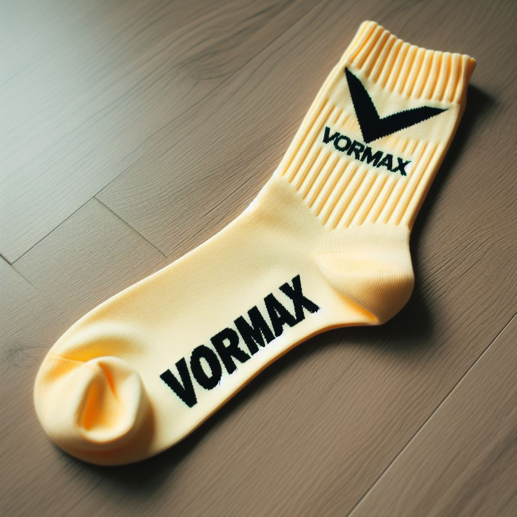 A light yellow sock customized by EverLighten for a company. It is lying on the floor.