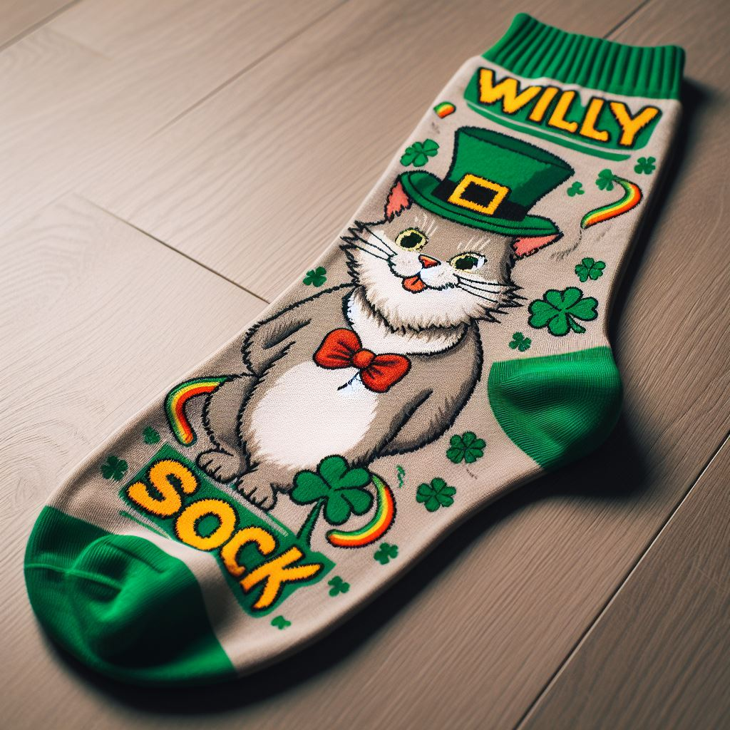 A St. Patrick's Day-themed custom sock with the company's logo on the floor. It is customized by EverLighten.