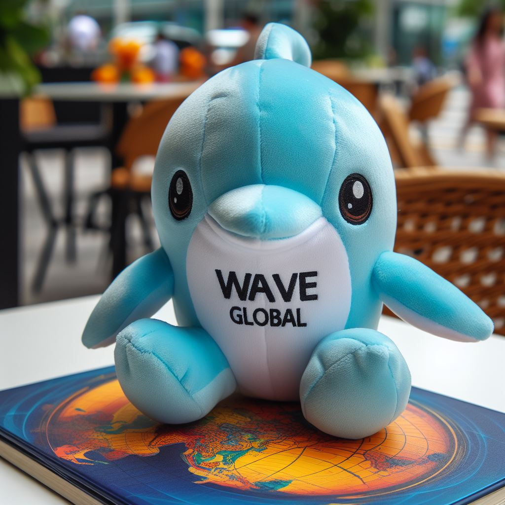 A dolphin custom plushie with a company's logo. It is made by EverLighten.