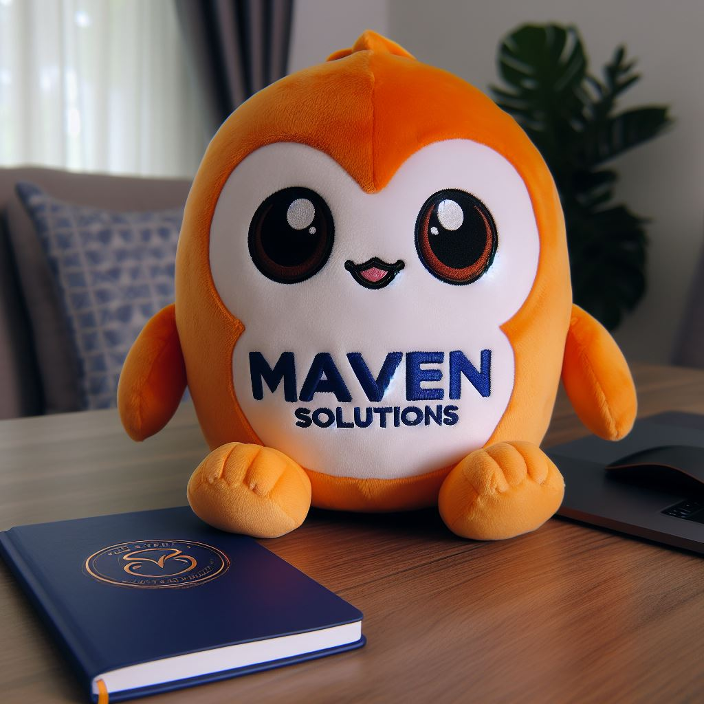 A custom stuffed toy with the company's logo sitting on a table. It resembles a bird and is customized by EverLighten.