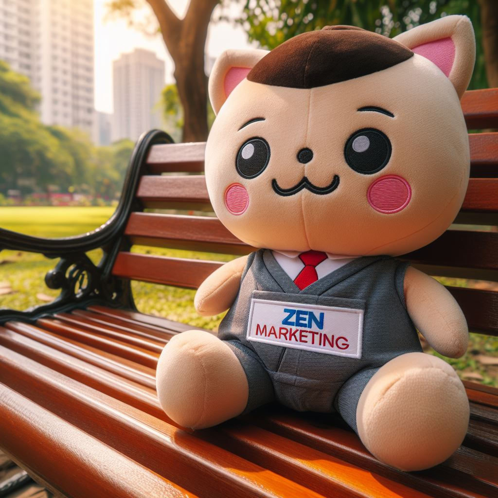 EverLighten presents a custom stuffed toy, adorned with a company’s insignia, seated upon a park bench.