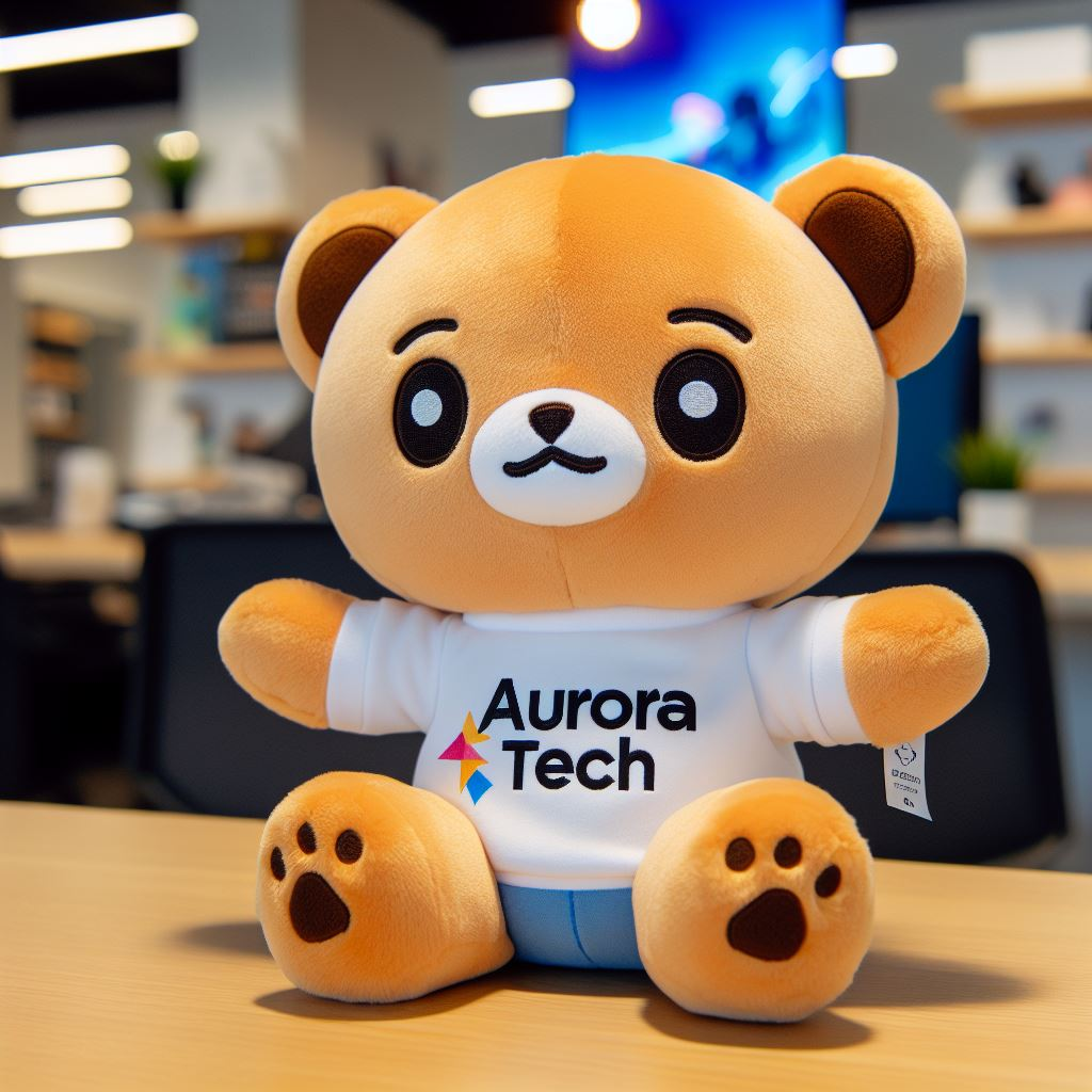 A custom plushie toy, emblazoned with a business logo, rests on a table, crafted by EverLighten.