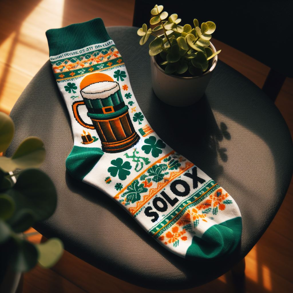 A St. Patrick's Day-themed custom sock with the company's logo and a picture of a beer mug on a chair. It is customized by EverLighten.