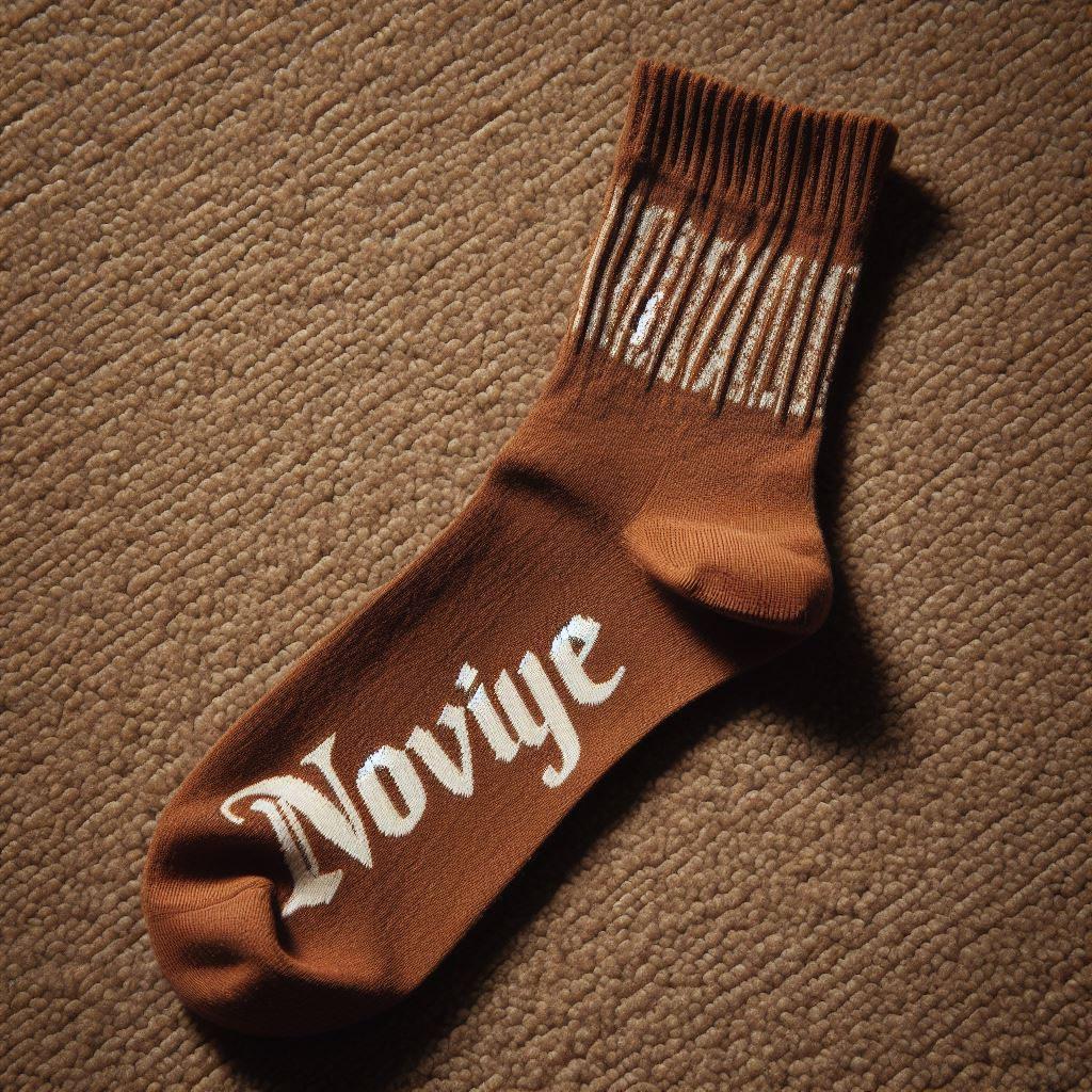 A brown custom sock manufactured by EverLighten with the company's logo. It is lying on a rug.