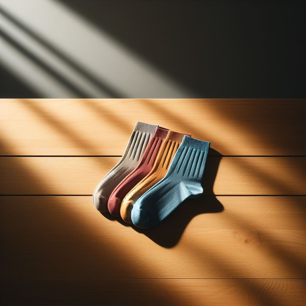 Custom socks in various colors on a table. They are manufactured by EverLighten.