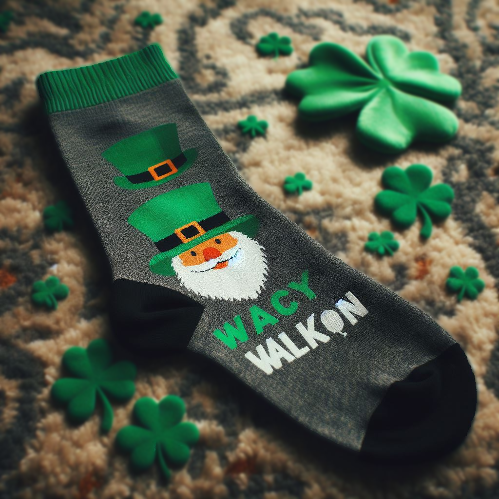 A St. Patrick's Day-themed custom sock with the company's logo and a picture of a Lerprechaun on a carpet. It is customized by EverLighten.