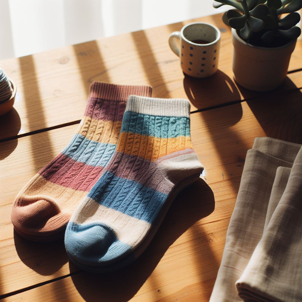Colorful custom socks on a table. They are made by EverLighten.