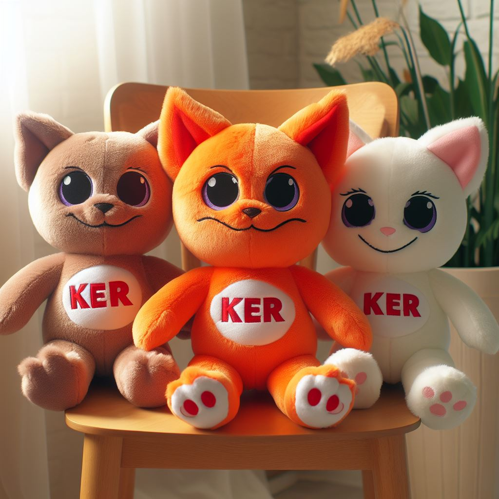 Three cute kitten custom plush toys with their brand's name on a chair. They are manufactured by EverLighten.