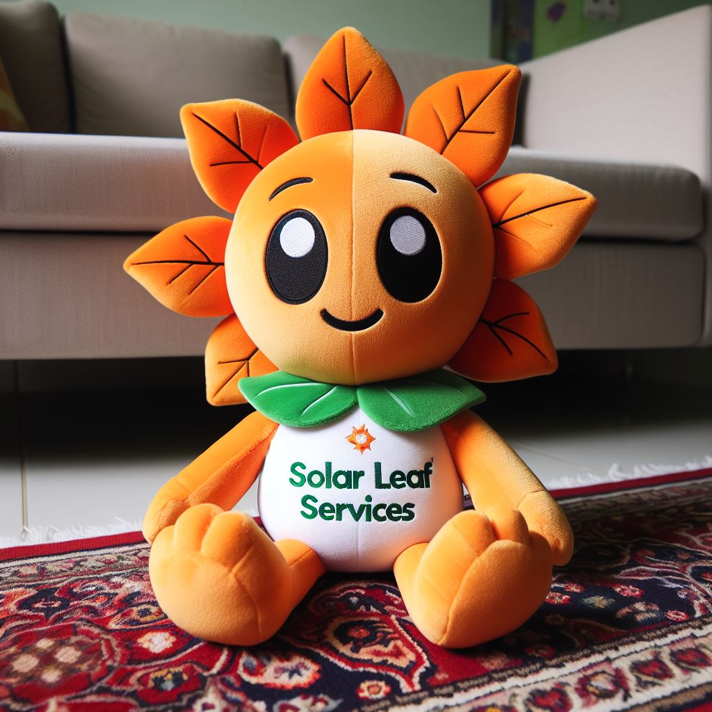 EverLighten’s custom-designed plush character, with a corporate logo, takes a seat on a carpet.