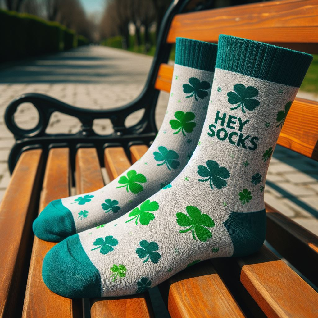 A St. Patrick's Day-themed custom socks with the company's logo on a park bench. It is customized by EverLighten.