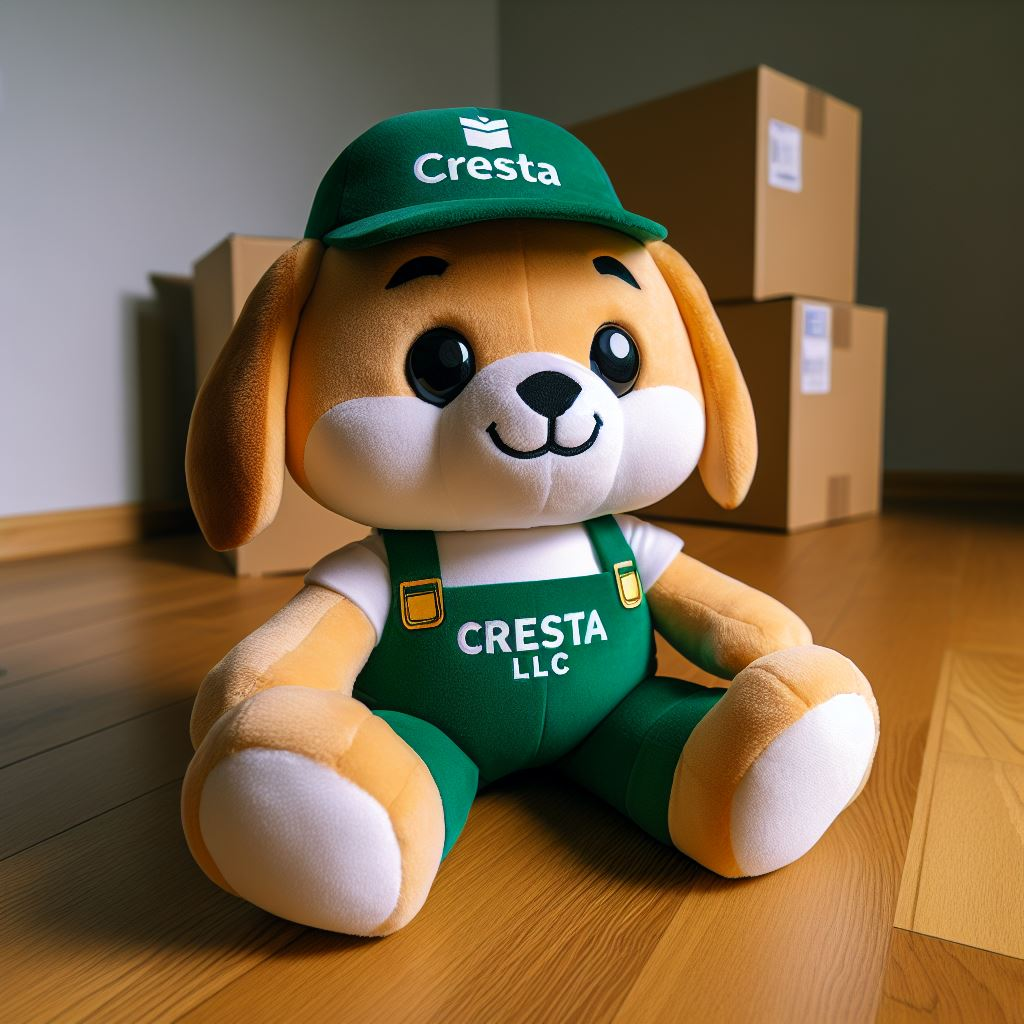 A custom stuffed plushie with the company's logo on its t-shirt and cap. It is sitting on the floor.