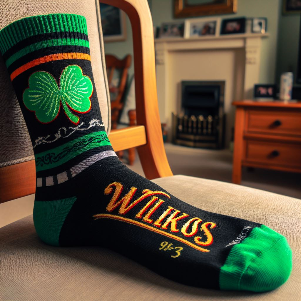 A sock to celebrate St. Patrick's Day on a chair. It is made by EverLighten.