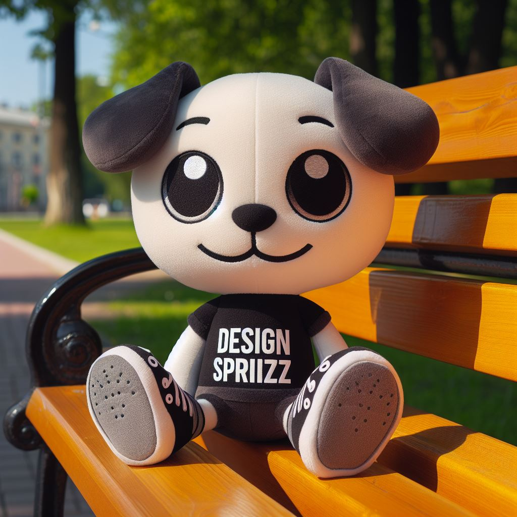 A custom stuffed toy dog sitting on a park bench. It has the company's logo on its black t-shirt.