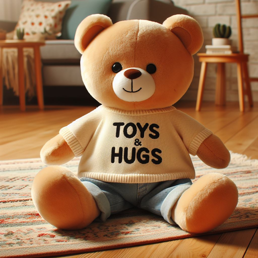 A custom plush toy teddy bear with the brand's name. It is on a rug and manufactured by EverLighten.