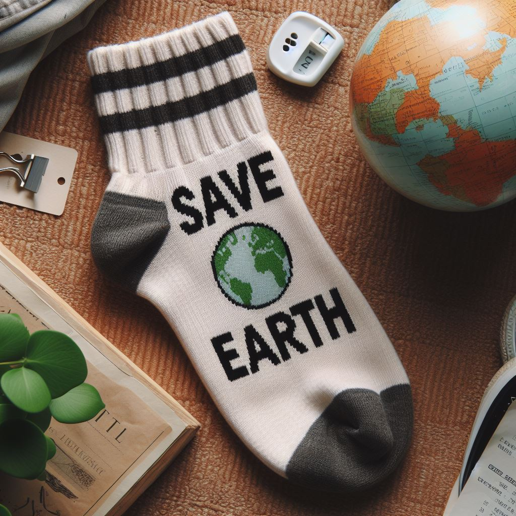 A custom sock with an environmental slogan manufactured by EverLighten.