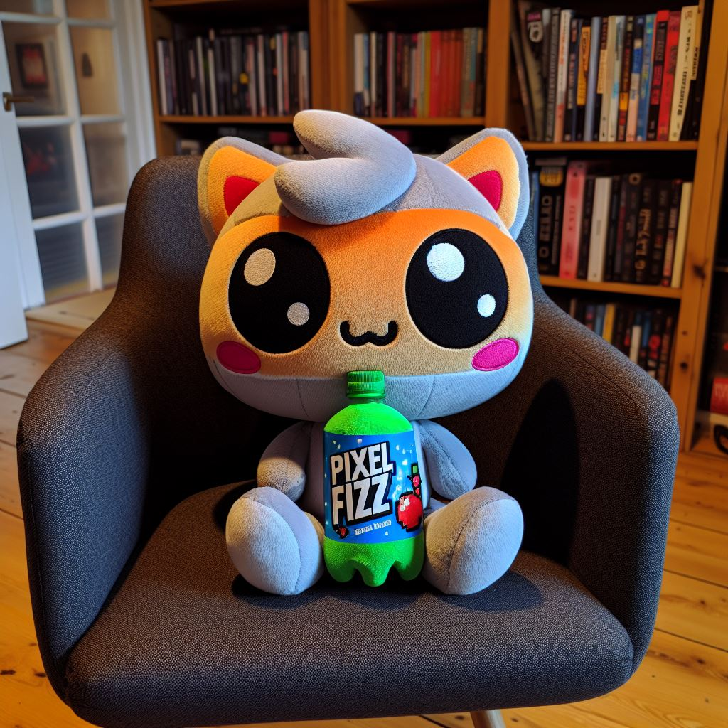 A custom stuffed toy holding a plush bottle with the logo. It is sitting on a chair.