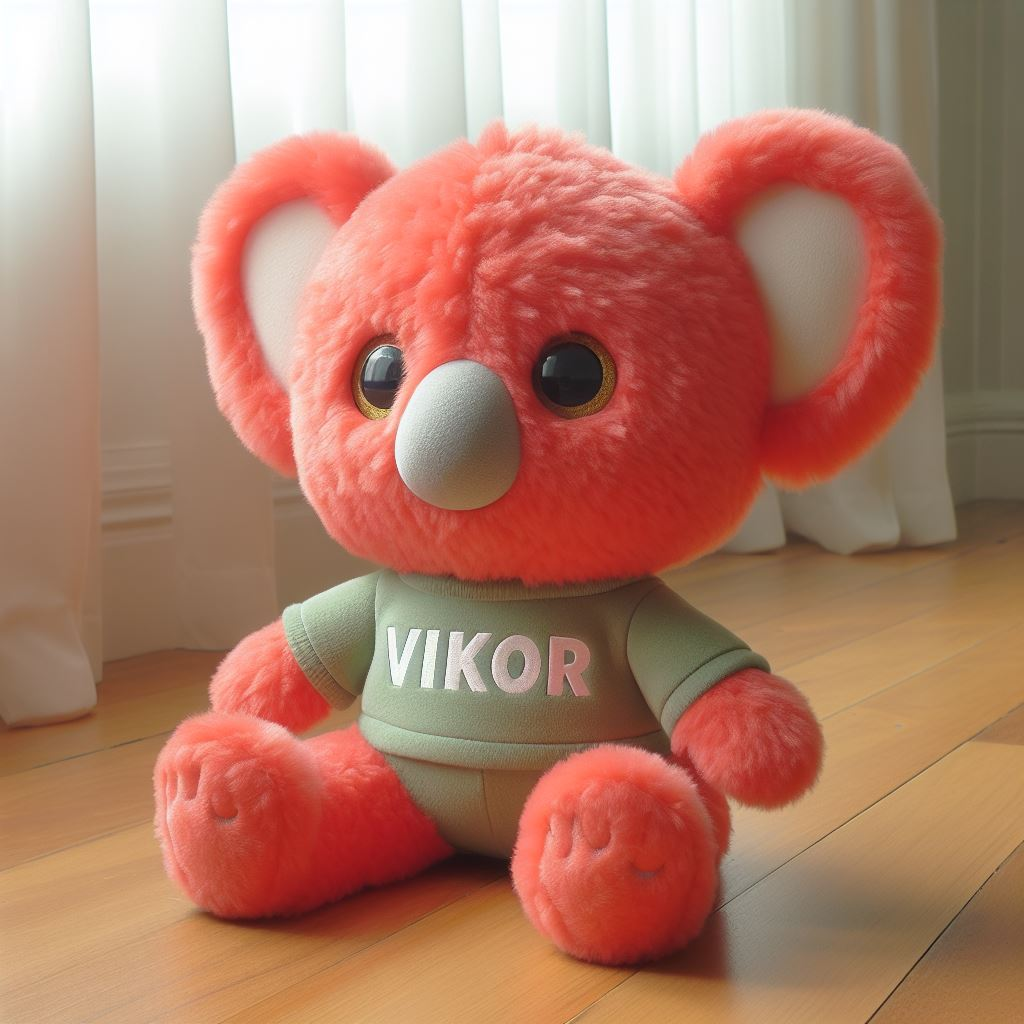 A custom plushie with the company's logo on its coral green t-shirt. It is sitting on the floor. It is manufactured by EverLighten.