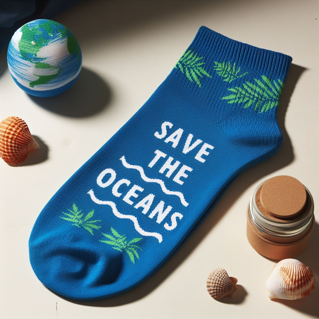 A blue custom sock made by EverLighten for Earth Day with a slogan.