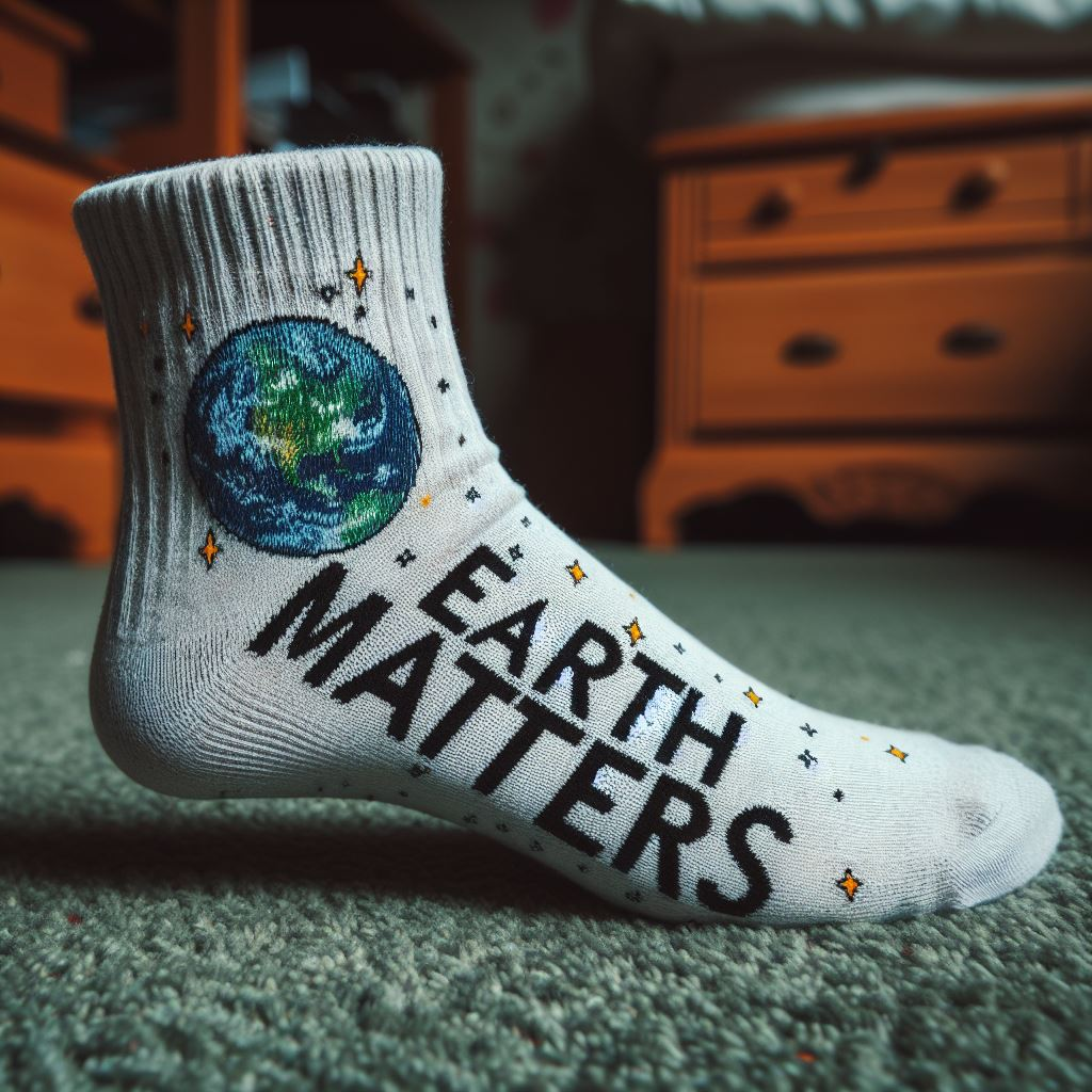 A custom sock for Earth Day manufactured by EverLighten with a slogan.