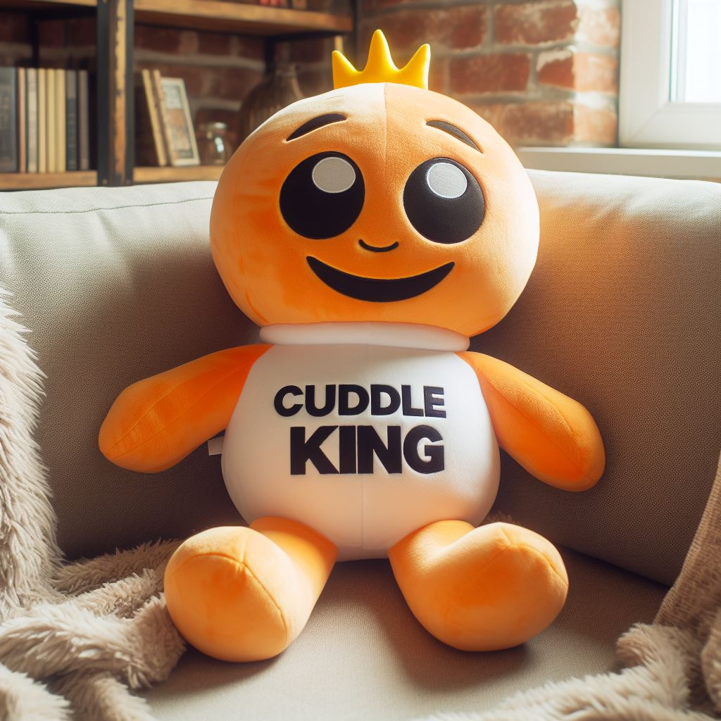 A cute custom plushie with the shop's name. It is on a sofa and manufactured by EverLighten.