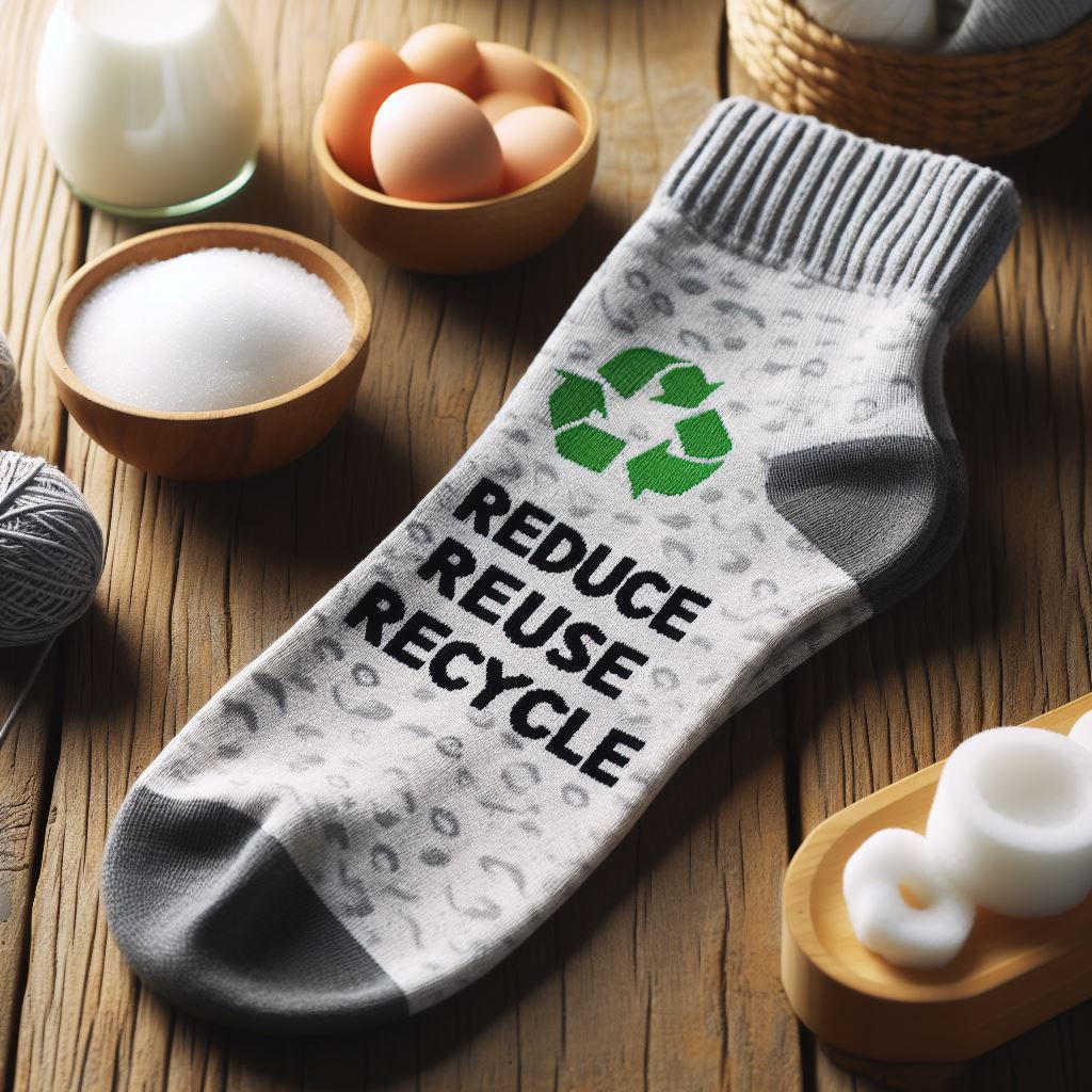 A custom sock with the slogan Reduce Reuse Recycle. It is manufactured by EverLighten.