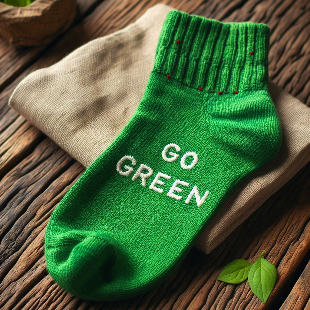 A green custom sock with an Earth-friendly slogan. It is customized by EverLighten.